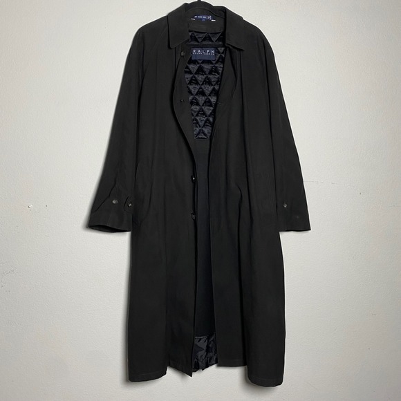 Vintage Ralph Lauren Black Trench Coat Mens 40R Minimalist Overcoat Quiet Luxury